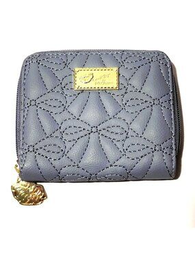 Betsey Johnson Bifold Wallet Zip Around Blue-Gray Quilted Bows